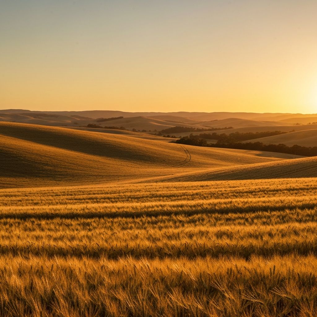 Golden grain field at sunset in rural Victoria with rolling hills in the background